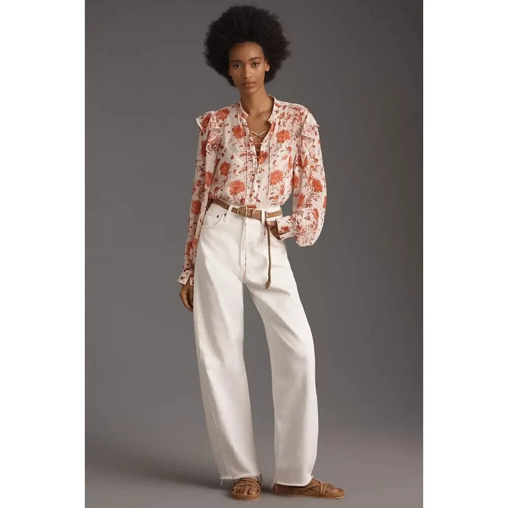 NWT Anthropologie Maeve Long-Sleeve Ruffled Sheer Blouse Top XXS Pink Floral